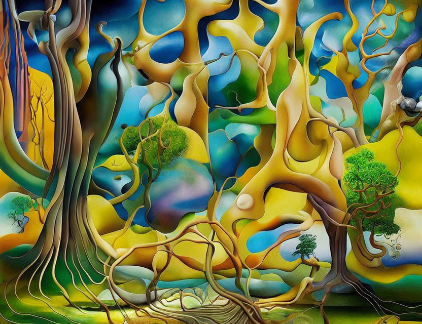 Colorful surreal forest painting with vivid, fluid shapes and dreamlike landscape