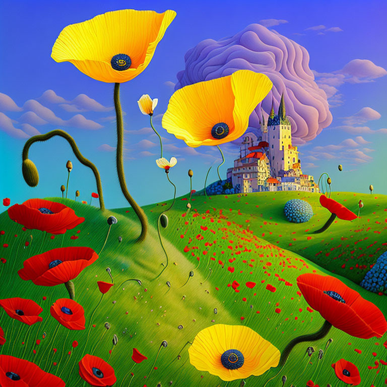 Colorful poppy flowers and castle against surreal sky.