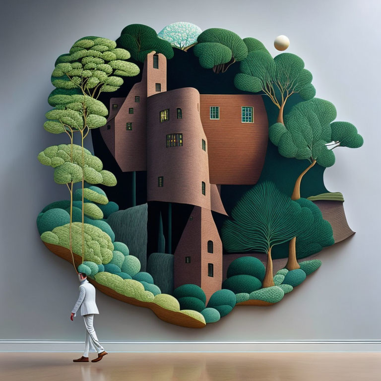 Large Round Wall-Mounted Artwork of Whimsical Forest Scene