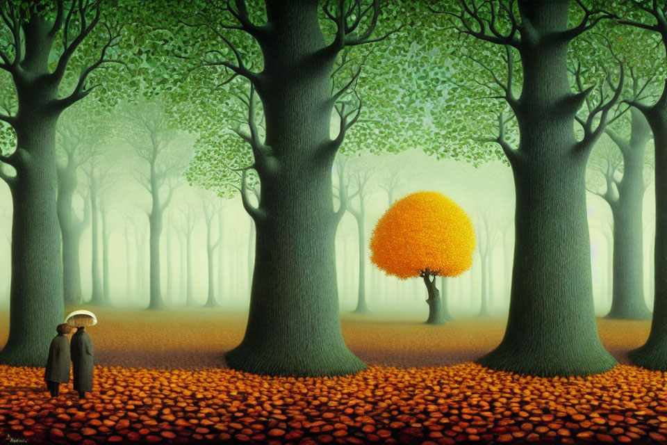 Person with umbrella admiring orange tree in misty forest landscape