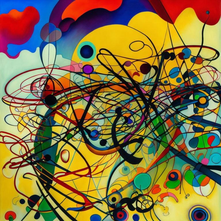 Colorful Abstract Painting with Swirling Lines and Shapes