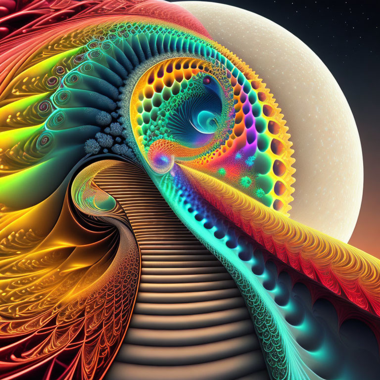 Colorful fractal art with swirling patterns and moon-like celestial body