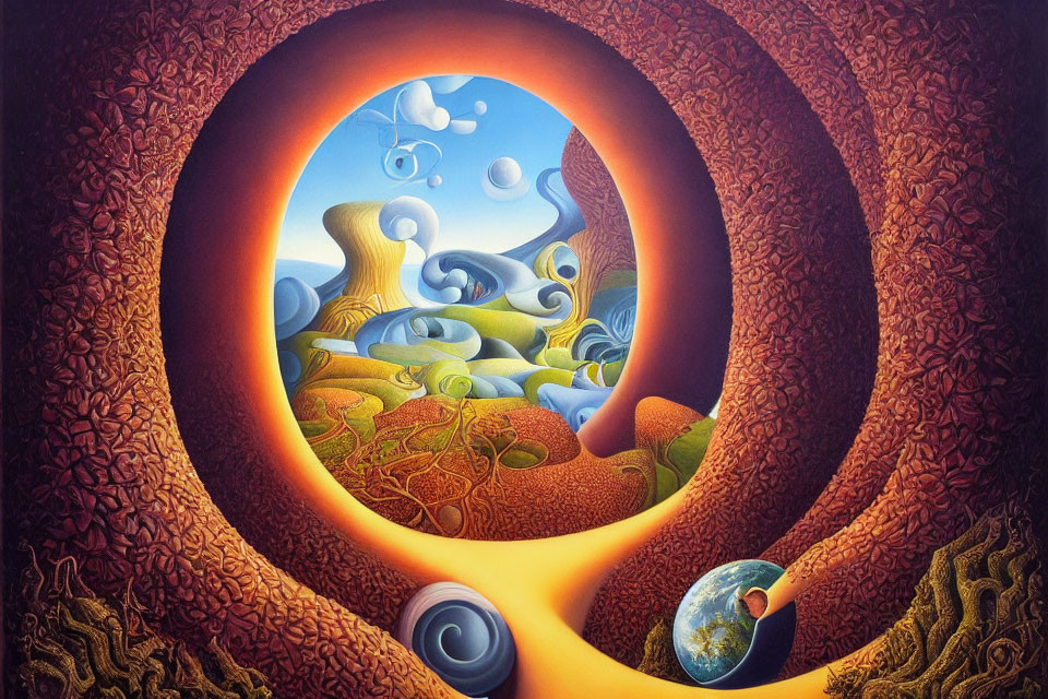 Surreal landscape with Earth-like sphere, snail formations, and tree-framed portal.