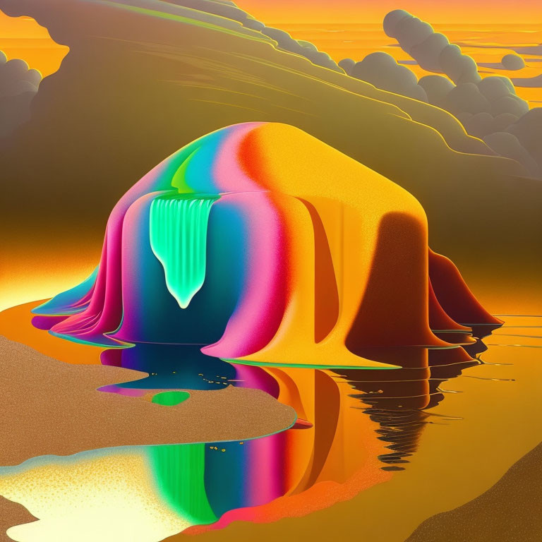 Vibrant surreal landscape with melting draped object reflected in water