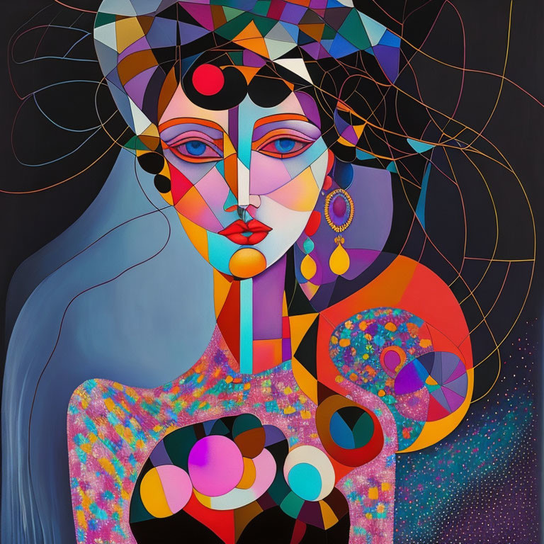 Colorful Abstract Portrait with Geometric Shapes and Bold Lines