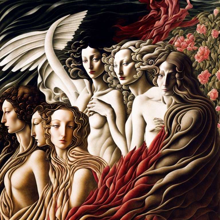 Surrealist painting featuring five identical female figures with flowing hair, pale skin, and red drap