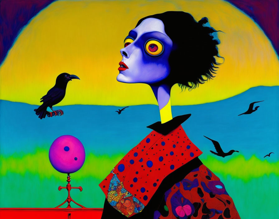 Colorful painting of woman with blue and yellow face paint in surreal landscape