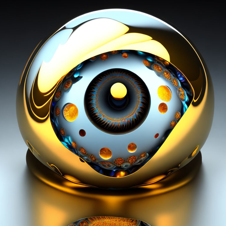 Metallic sphere with gold and blue eye-like designs on gradient background