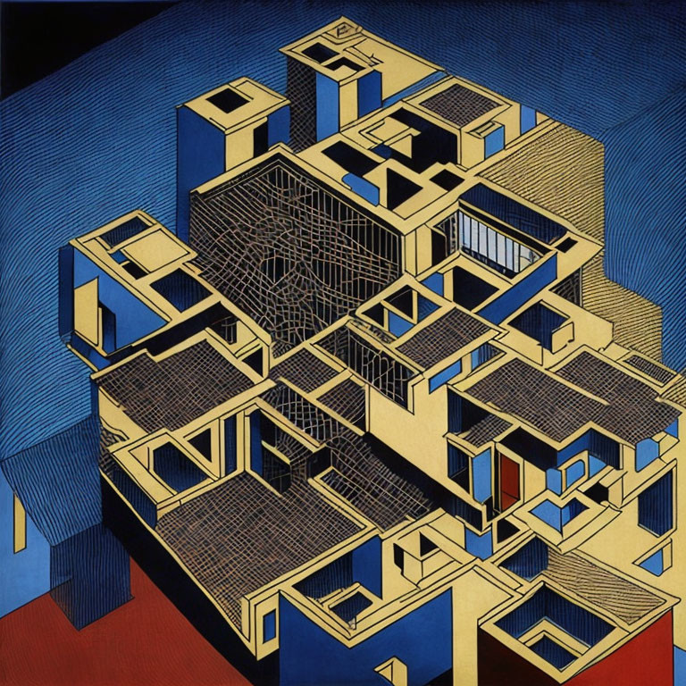 Abstract geometric maze artwork with optical illusion and architectural design