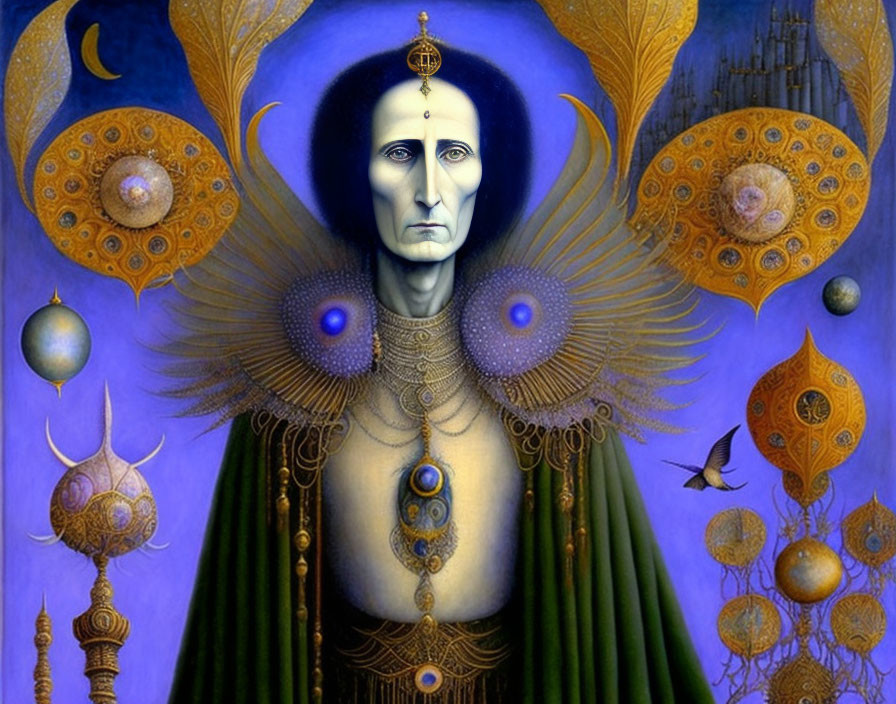 Solemn figure in ornate peacock feather garments amidst celestial objects