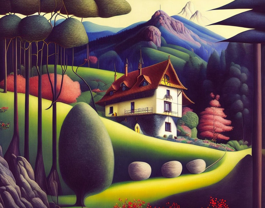 Colorful landscape painting with cottage, stylized trees, hills, and mountains under a striped sky