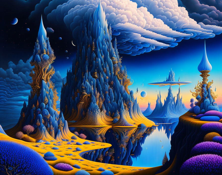 Vibrant surreal landscape with blue peaks, golden rivers, spires, and celestial bodies