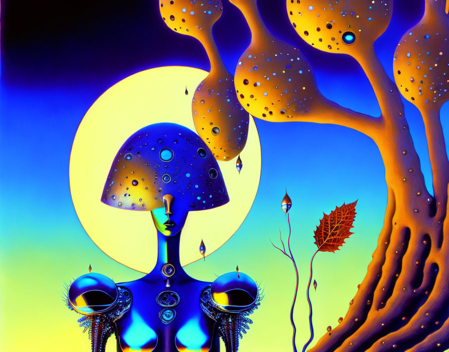 Psychedelic humanoid with mushroom head under luminous full moon