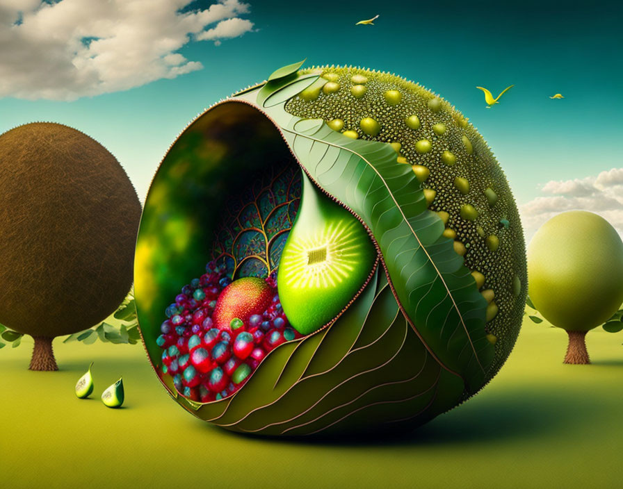 Colorful Landscape with Spherical Trees and Intricately Patterned Egg