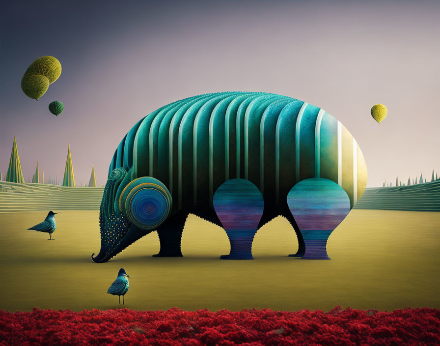 Colorful surreal artwork: Large elephant-like creature with birds on yellow landscape