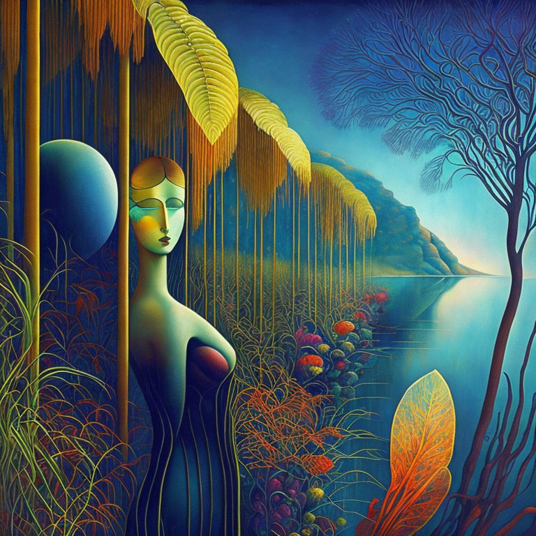 Surreal painting: Woman merging with vibrant landscape