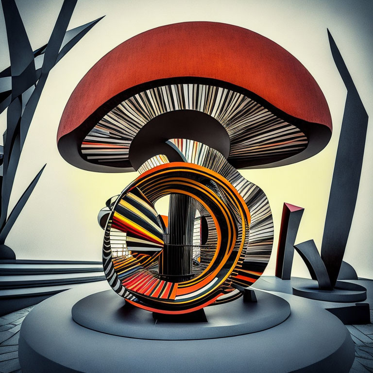 Surreal interior with large mushroom structure and abstract shapes