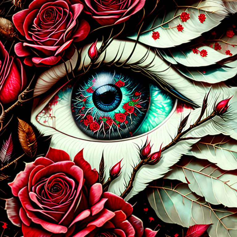 Surrealist image of vibrant blue eye with red roses and white feathers