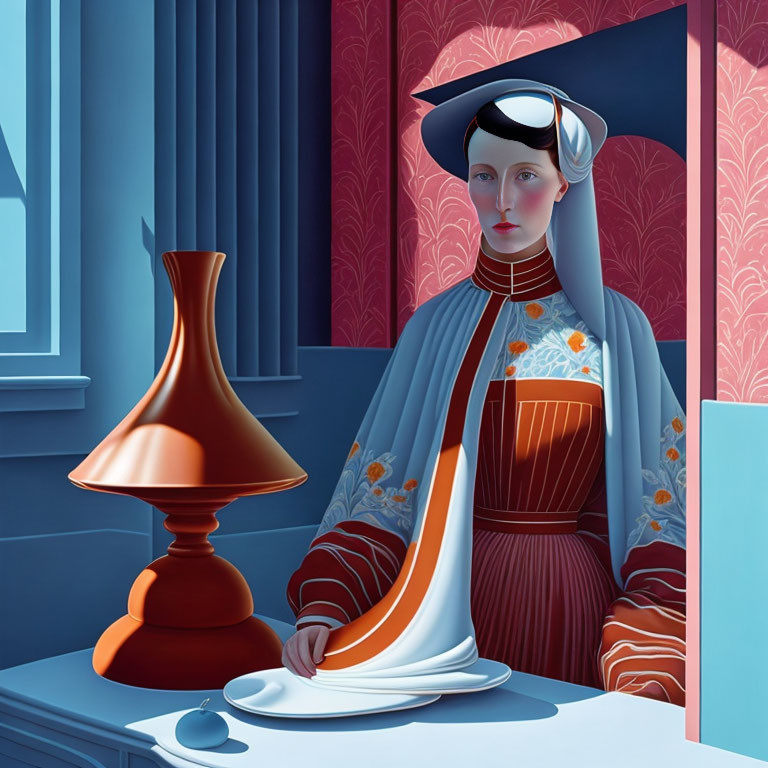 Stylized digital artwork of woman in traditional dress at table