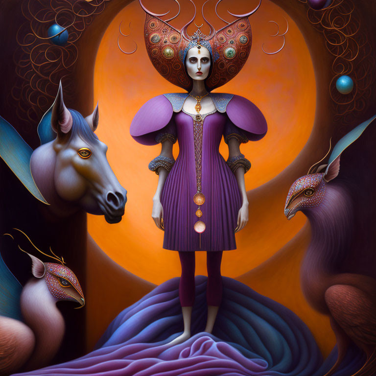 Surreal illustration of woman in purple dress with regal collar and headdress, surrounded by styl