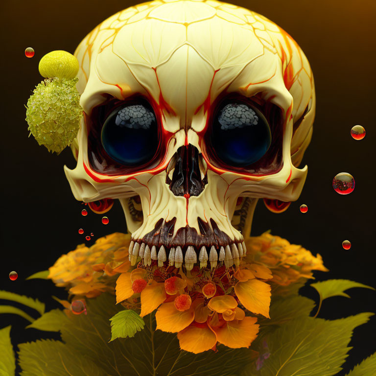 Skull with autumn leaves and colorful orbs on dark background