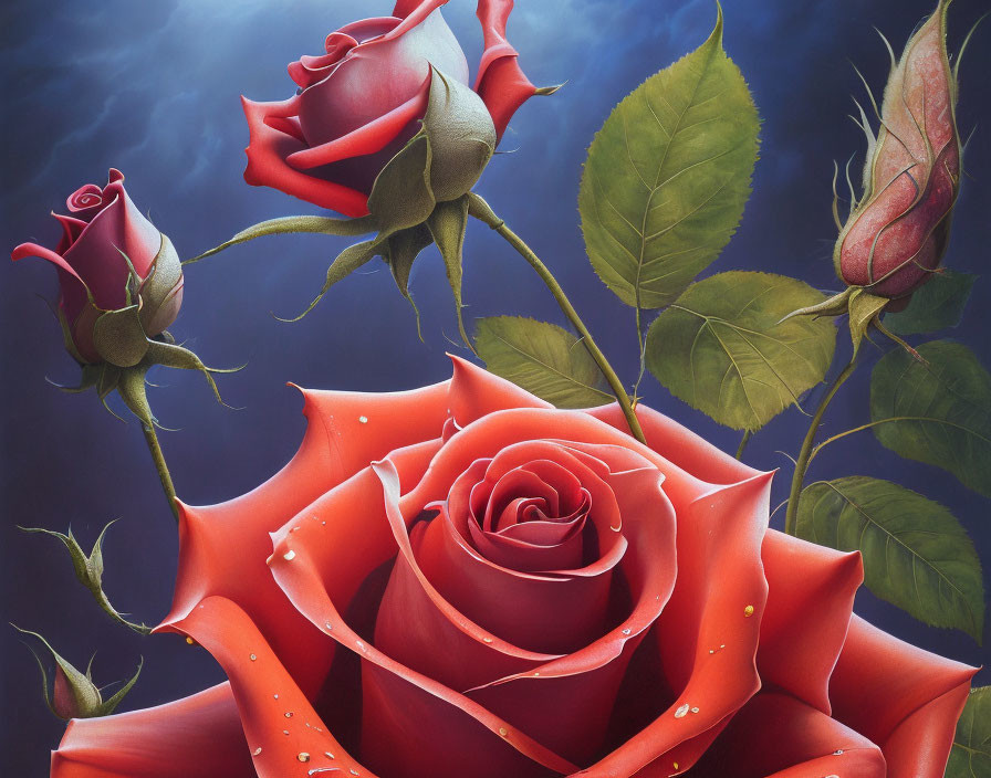 Vibrant red roses with dewdrops on dark blue background.