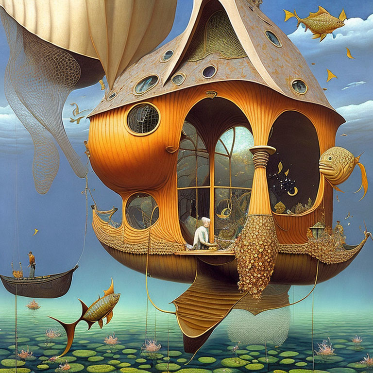 Fantasy scene: person in boat near gourd-shaped house, fish, lily pads, surreal