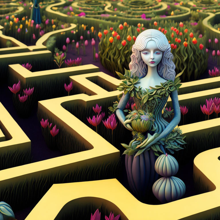 Pale woman with white hair in garden labyrinth surrounded by colorful flora