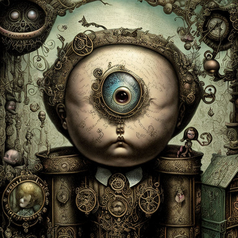 Surreal portrait of figure with oversized eye head amidst mechanical gears