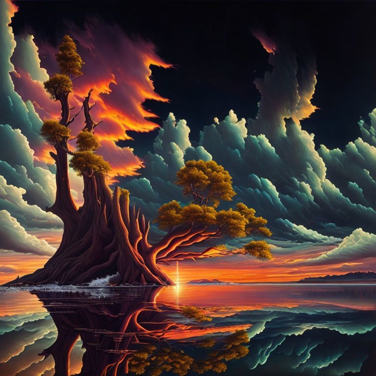 Surreal landscape with fiery clouds, large trees, and reflective water