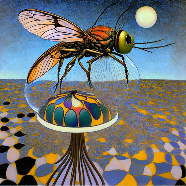 Surreal painting: Fly on vibrant mushroom under twilight sky