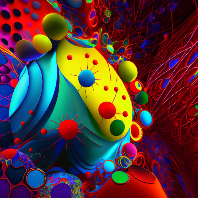 Colorful 3D digital art with multicolored spheres and intricate patterns on neon abstract background