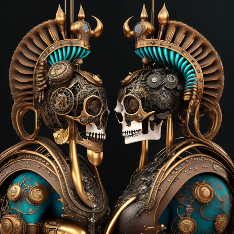 Intricately designed steampunk-style skulls with mechanical parts and ornate headgear on dark