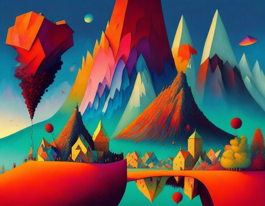 Colorful Stylized Mountains & Whimsical Castles in Surreal Landscape