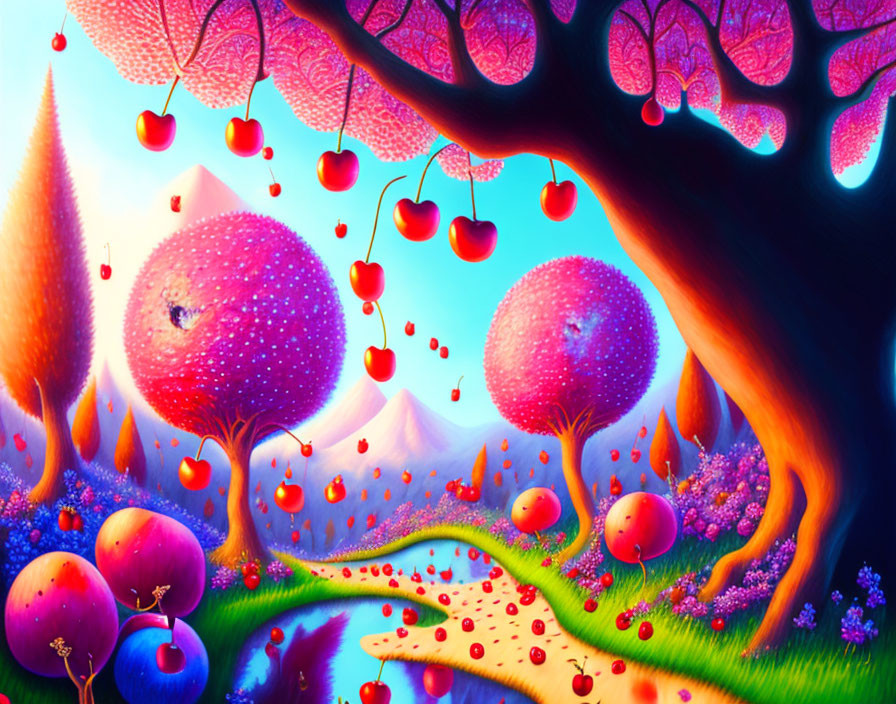 Vibrant pink and purple landscape with cherry-like trees and distant mountains