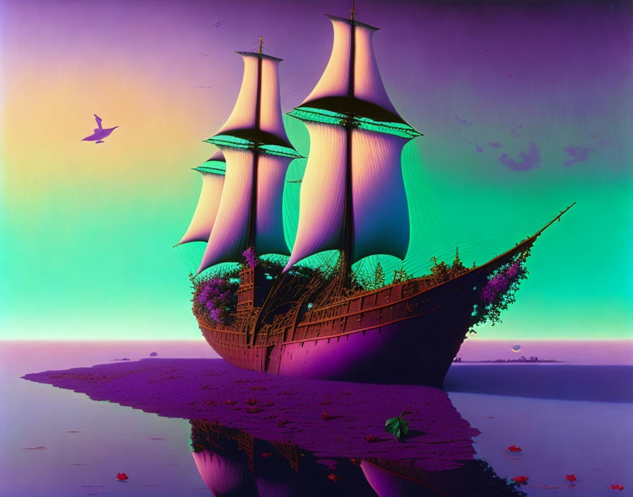 Surreal ship artwork with lush greenery and reflective purple surface