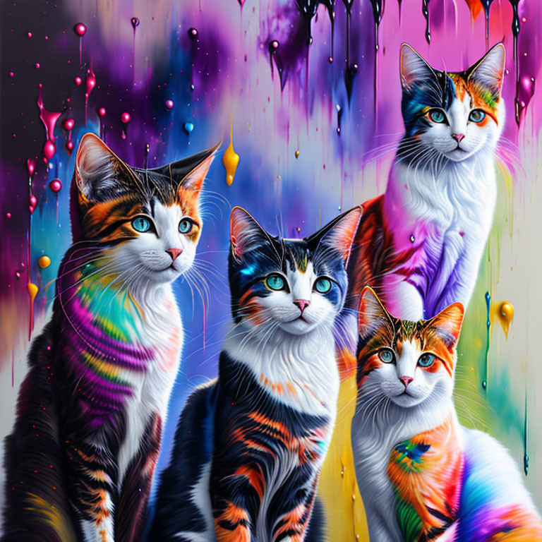 Colorful Whimsical Cats Illustration on Abstract Background