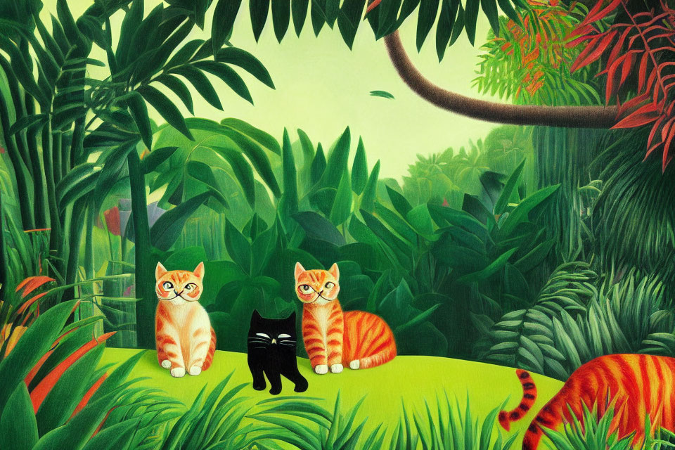 Three Cats in Vibrant Jungle with Dragonfly and Lush Foliage