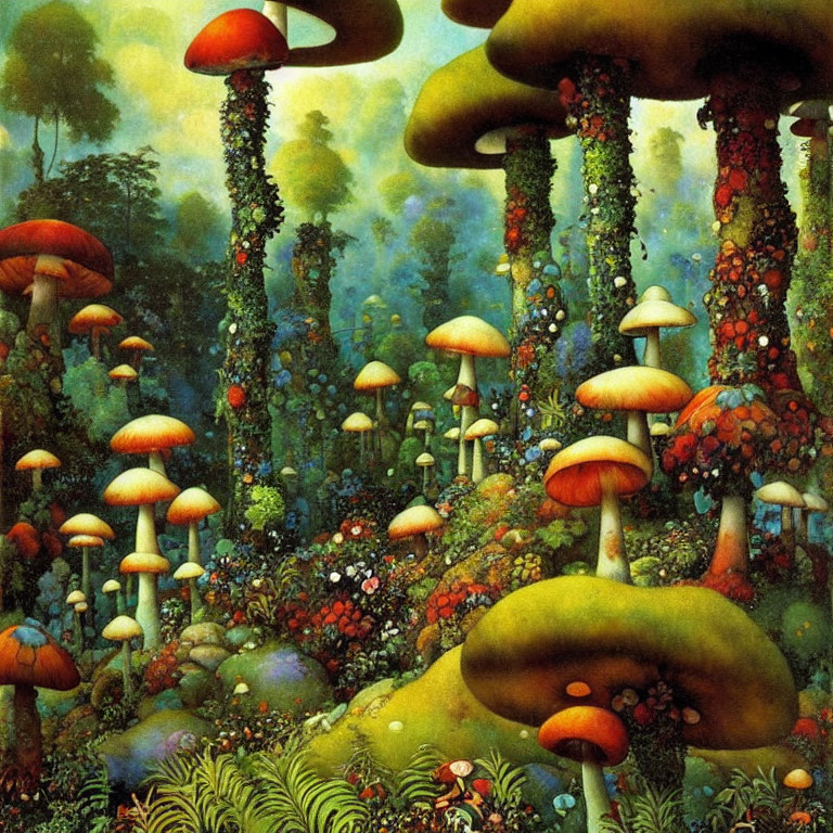 Colorful oversized mushrooms in vibrant fantasy forest.