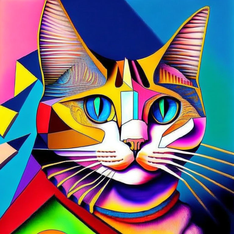 Colorful Geometric Cat Artwork on Vibrant Background