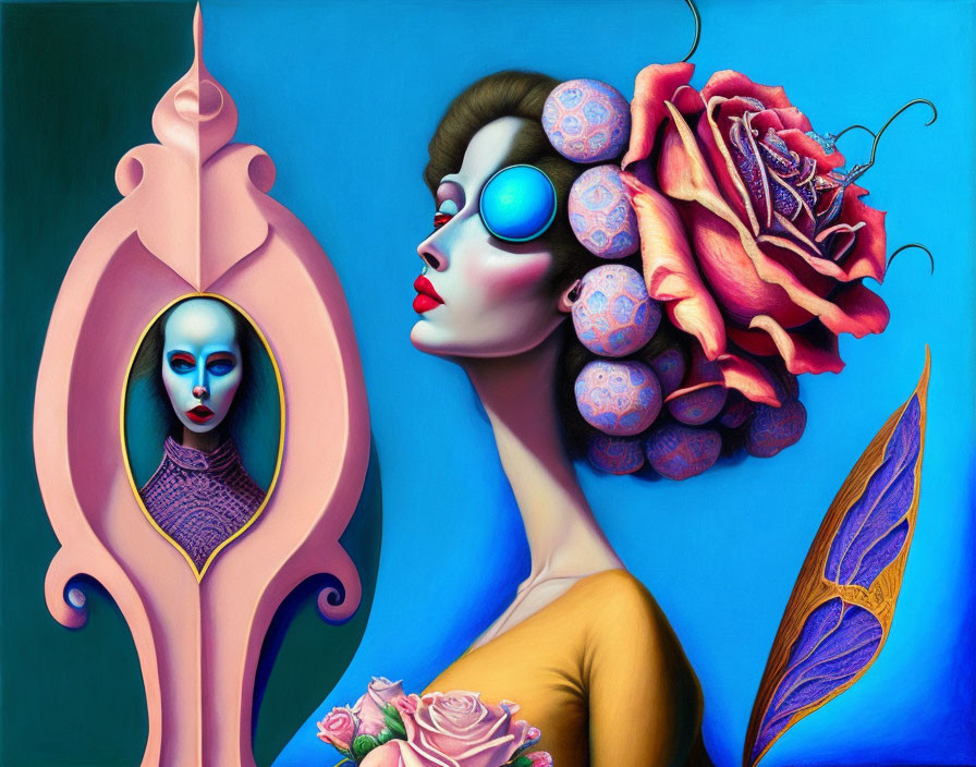 Surreal portrait of woman with rose, mirror reflection, vibrant background