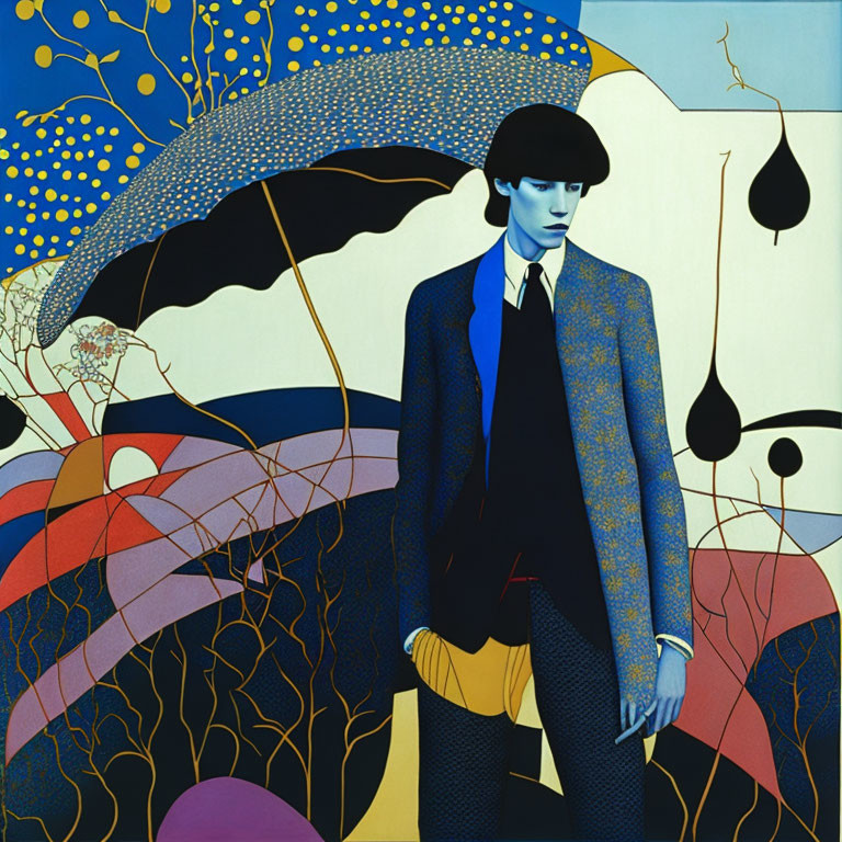 Stylized painting of person in blue suit and black hat on abstract background