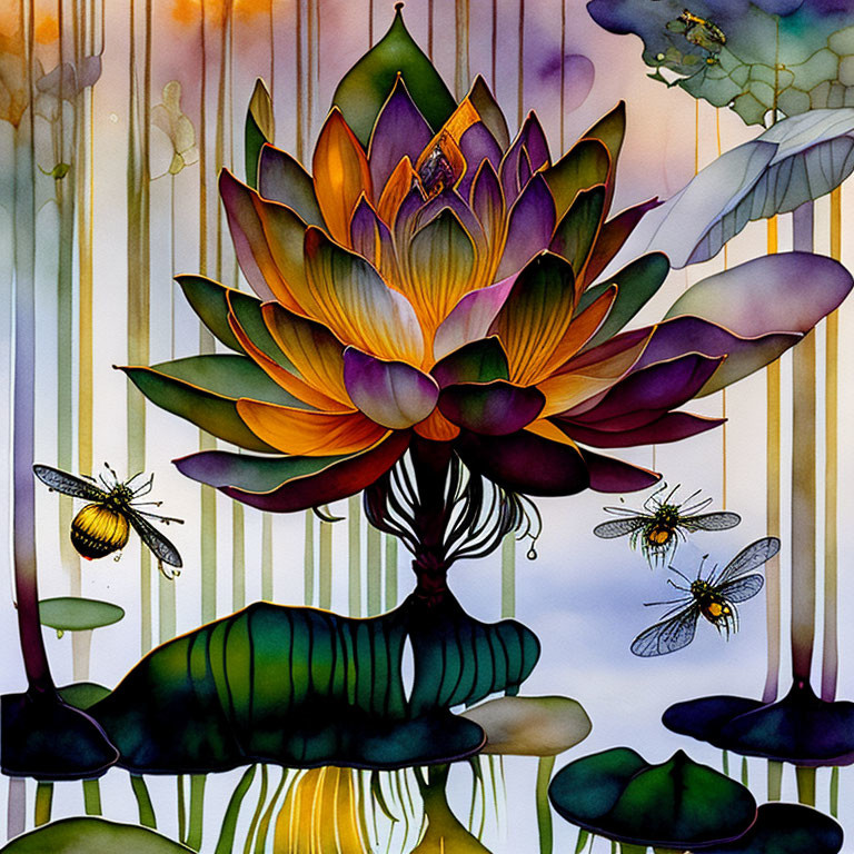 Colorful Watercolor Painting of Lotus Flower, Lily Pads, and Dragonflies