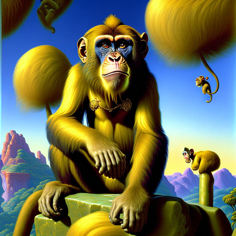 Large Blue-Faced Monkey Surrounded by Floating Islands and Monkeys