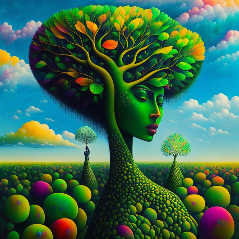 Surreal artwork: Female figure with tree-like head in colorful landscape