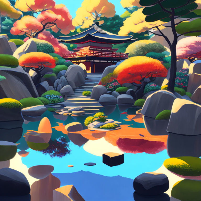 Asian temple in vibrant autumn landscape with pond and rocks