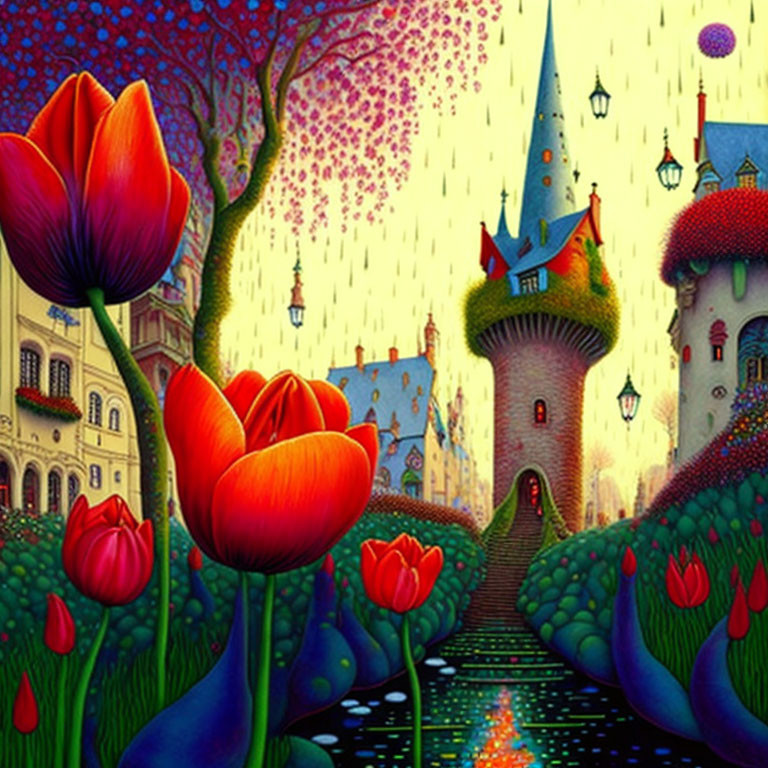 Colorful Fairy-Tale Village Illustration with Tulips, Castle, and Starry Sky