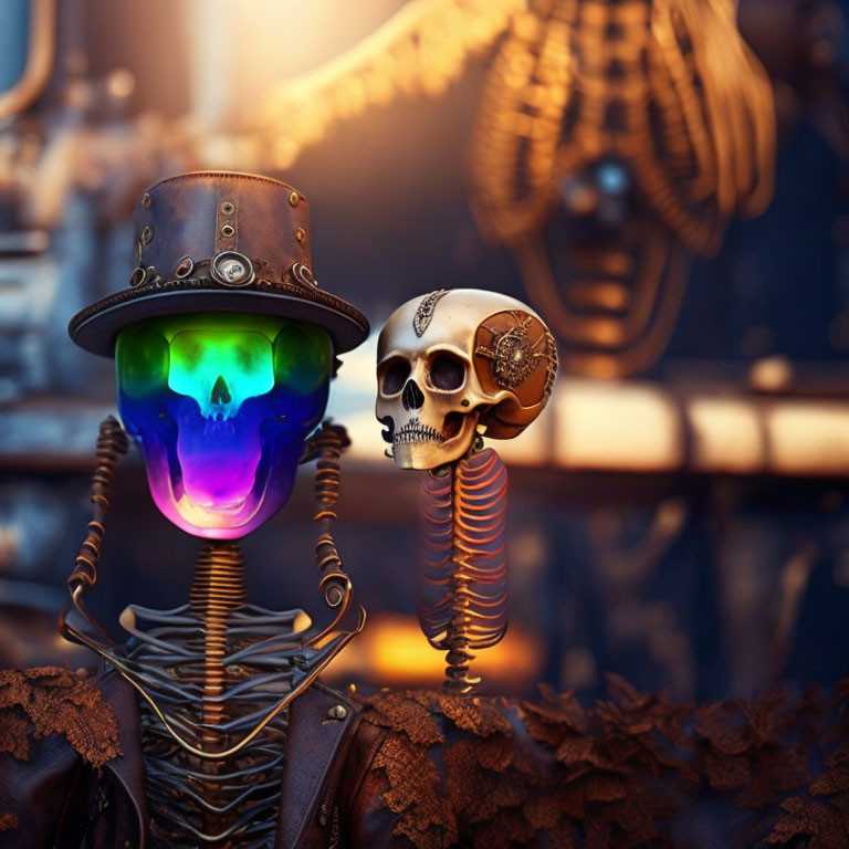 Steampunk skeleton with glowing green skull and mechanical backdrop