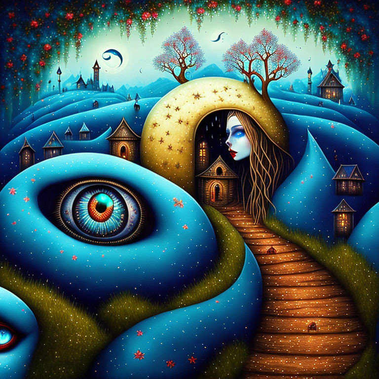 Surreal landscape with blue hills, eye patterns, whimsical houses, and woman's face emerging