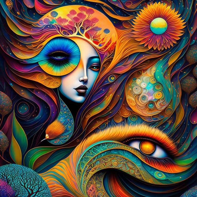 Colorful Psychedelic Woman's Face Illustration with Floral and Abstract Patterns